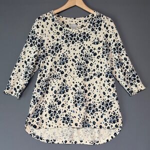 Chico's Leopard Print Tunic Top Womens Size 1 Medium Blue Cream Slub Knit Pocket